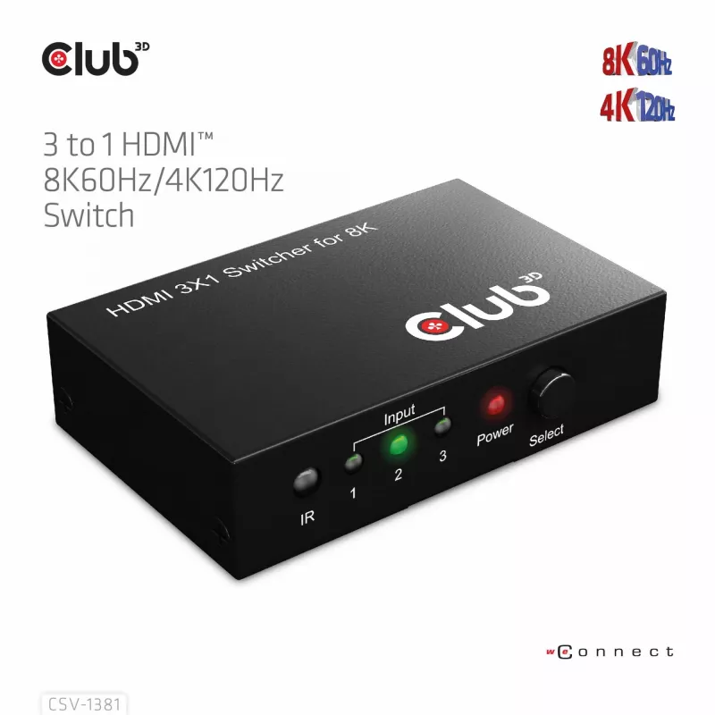 Club3D CSV-1381 comutador HDMI 3 para 1, 8K60Hz/4K120Hz