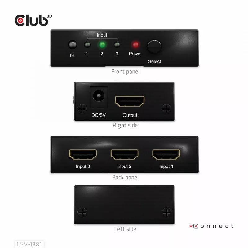 Club3D CSV-1381 comutador HDMI 3 para 1, 8K60Hz/4K120Hz