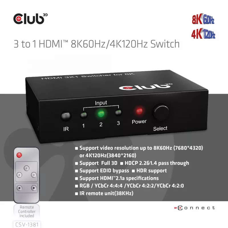 Club3D CSV-1381 comutador HDMI 3 para 1, 8K60Hz/4K120Hz