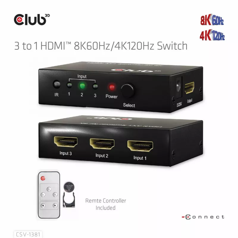 Club3D CSV-1381 comutador HDMI 3 para 1, 8K60Hz/4K120Hz