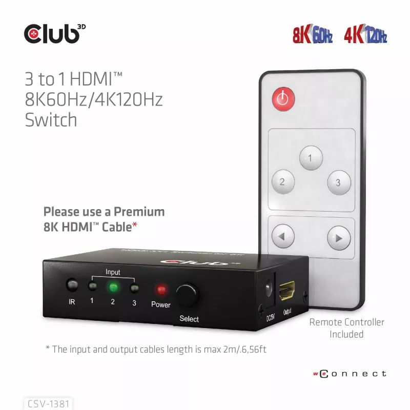 Club3D CSV-1381 comutador HDMI 3 para 1, 8K60Hz/4K120Hz