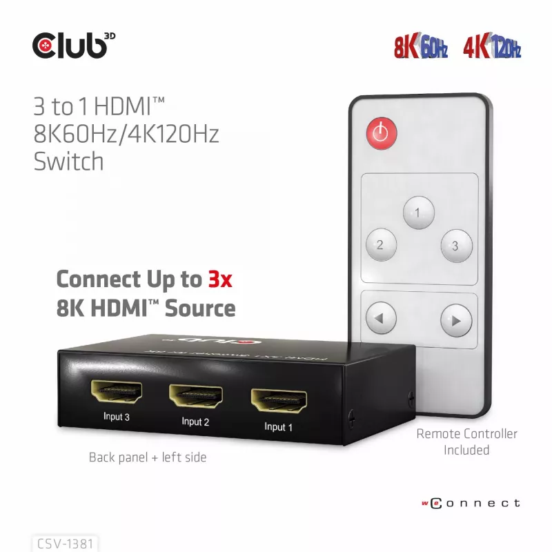 Club3D CSV-1381 comutador HDMI 3 para 1, 8K60Hz/4K120Hz