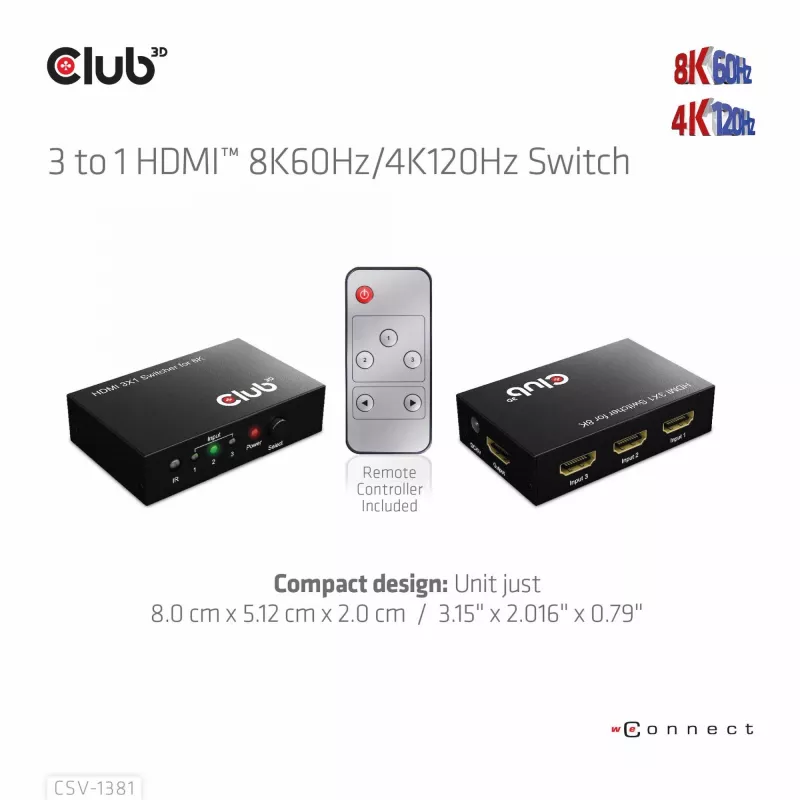 Club3D CSV-1381 comutador HDMI 3 para 1, 8K60Hz/4K120Hz