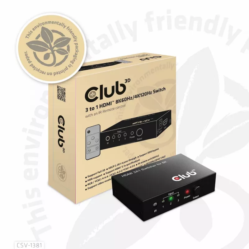 Club3D CSV-1381 comutador HDMI 3 para 1, 8K60Hz/4K120Hz