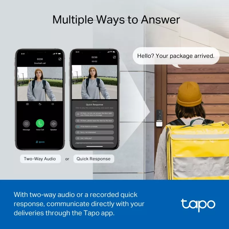 TP-Link Tapo Kit de Campainha com Vídeo Inteligente Câmara, Preto, Branco, IR, CE, RoHS, RCM,R-NZ,FCC, EAC, Triman, UKCA, G.711, 5 MP, 2560 x 1920 Píxeis