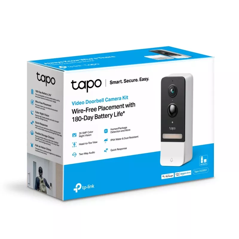TP-Link Tapo Kit de Campainha com Vídeo Inteligente Câmara, Preto, Branco, IR, CE, RoHS, RCM,R-NZ,FCC, EAC, Triman, UKCA, G.711, 5 MP, 2560 x 1920 Píxeis