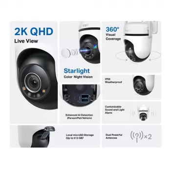 TP-Link Tapo câmara de segurança Wi-Fi exterior com rotação/inclinação, câmara de segurança IP, interior e exterior, sem fios, CE, FCC, RoHS, RCM, teto, preto, branco