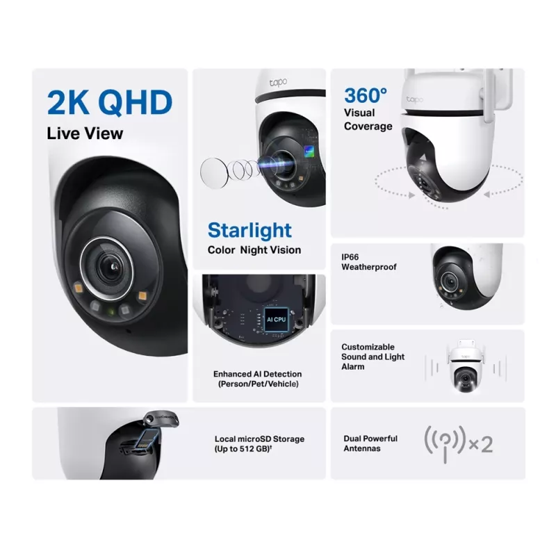 TP-Link Tapo câmara de segurança Wi-Fi exterior com rotação/inclinação, câmara de segurança IP, interior e exterior, sem fios, CE, FCC, RoHS, RCM, teto, preto, branco