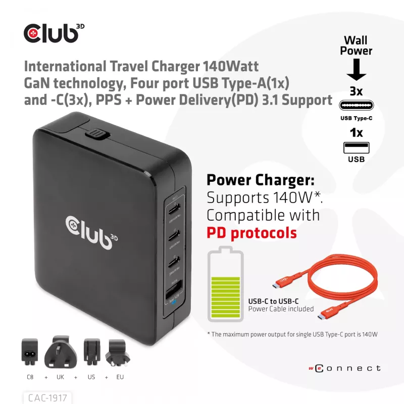 CLUB3D carregador de viagem internacional 140W tecnologia GaN, quatro portas USB Type-A (1x) e -C (3x), suporte PPS + Power Delivery (PD) 3.1