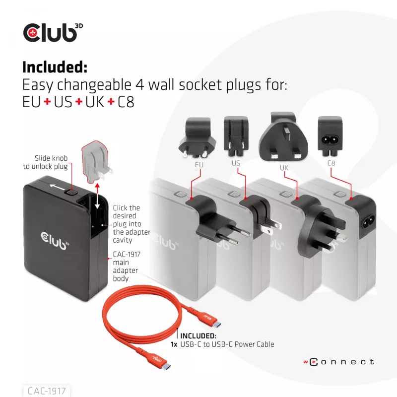 CLUB3D carregador de viagem internacional 140W tecnologia GaN, quatro portas USB Type-A (1x) e -C (3x), suporte PPS + Power Delivery (PD) 3.1