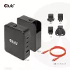 CLUB3D carregador de viagem internacional 140W tecnologia GaN, quatro portas USB Type-A (1x) e -C (3x), suporte PPS + Power Delivery (PD) 3.1