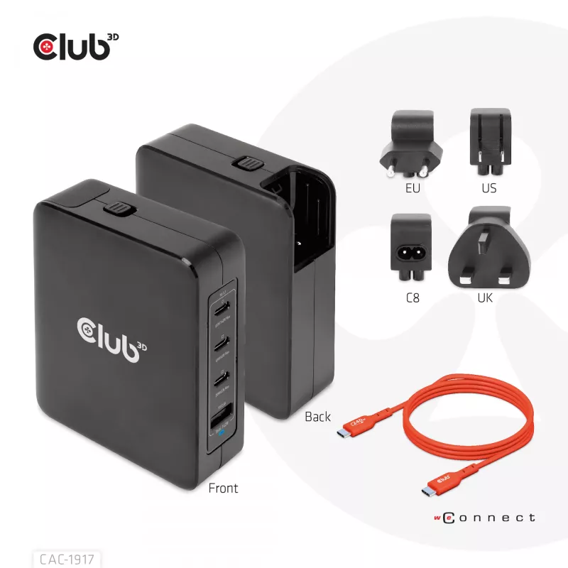 CLUB3D carregador de viagem internacional 140W tecnologia GaN, quatro portas USB Type-A (1x) e -C (3x), suporte PPS + Power Delivery (PD) 3.1