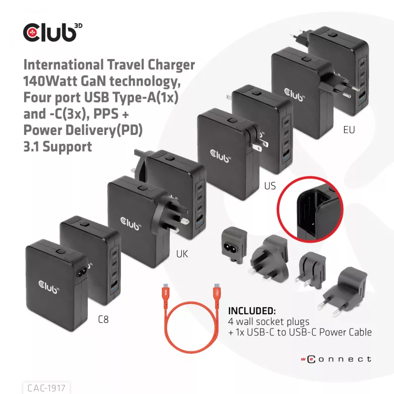 CLUB3D carregador de viagem internacional 140W tecnologia GaN, quatro portas USB Type-A (1x) e -C (3x), suporte PPS + Power Delivery (PD) 3.1