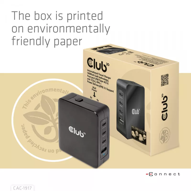 CLUB3D carregador de viagem internacional 140W tecnologia GaN, quatro portas USB Type-A (1x) e -C (3x), suporte PPS + Power Delivery (PD) 3.1