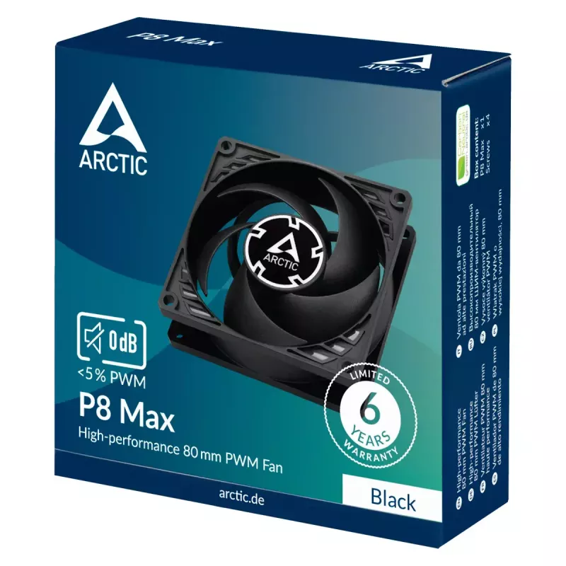 Ventoinha 80 mm Arctic P8 Max High-Performance PWM, 80 mm de diâmetro, preto, 67,96 m³/h fluxo de ar, 0,6 Sone