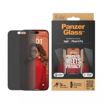 PanzerGlass ® Protetor de ecrã de privacidade iPhone 15 Pro | Ultra-Wide Fit com EasyAligner