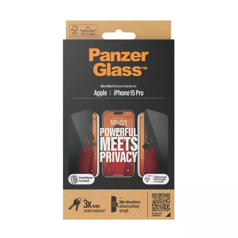 PanzerGlass ® Protetor de ecrã de privacidade iPhone 15 Pro | Ultra-Wide Fit com EasyAligner