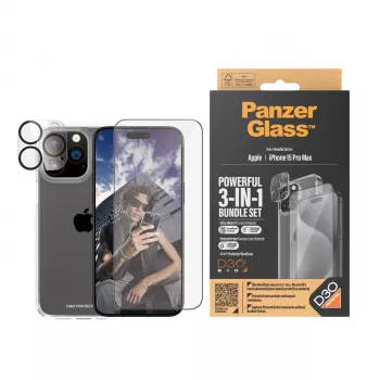 PanzerGlass ® Pacote 3-em-1 iPhone 15 Pro Max, Apple, Apple - iPhone 15 Pro Max, Aplicação a seco, Resistente a choques, Transparente, 1 unidade