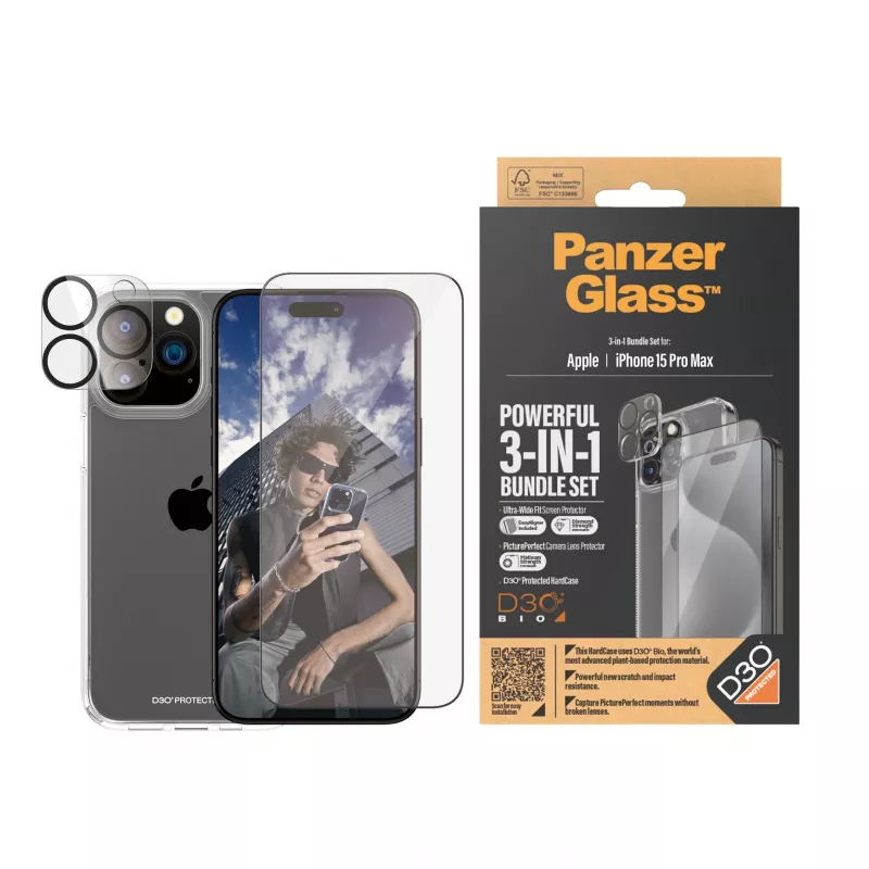PanzerGlass ® Pacote 3-em-1 iPhone 15 Pro Max, Apple, Apple - iPhone 15 Pro Max, Aplicação a seco, Resistente a choques, Transparente, 1 unidade