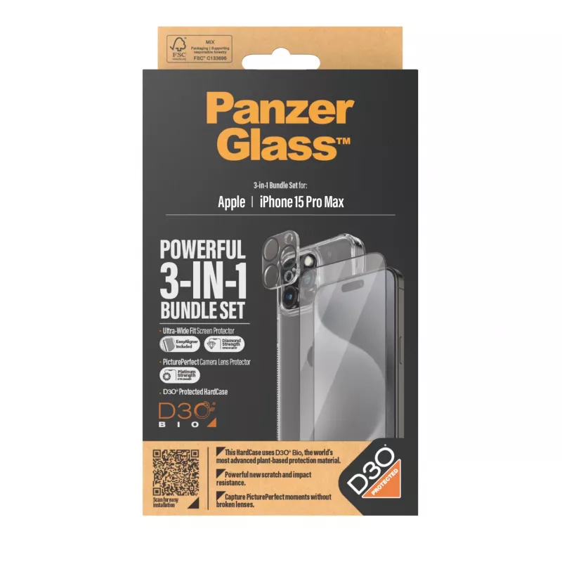 PanzerGlass ® Pacote 3-em-1 iPhone 15 Pro Max, Apple, Apple - iPhone 15 Pro Max, Aplicação a seco, Resistente a choques, Transparente, 1 unidade