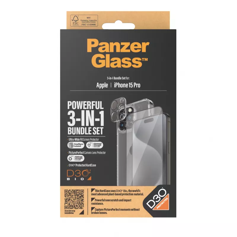 PanzerGlass Pacote 3-em-1 iPhone 15 Pro Vidro Temperado Transparente
