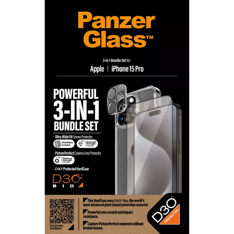 PanzerGlass Pacote 3-em-1 iPhone 15 Pro Vidro Temperado Transparente