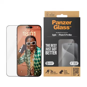 PanzerGlass ® Película de proteção de ecrã iPhone 15 Pro Max | Ultra-Wide Fit com EasyAligner