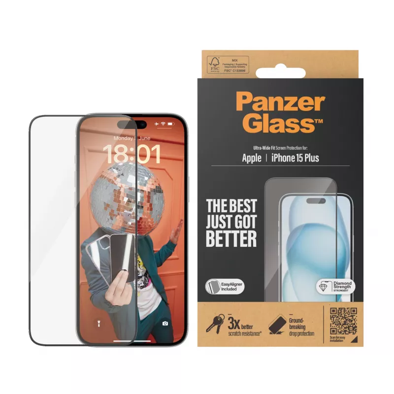 PanzerGlass ® Película de proteção de ecrã iPhone 15 Plus | Ultra-Wide Fit com EasyAligner