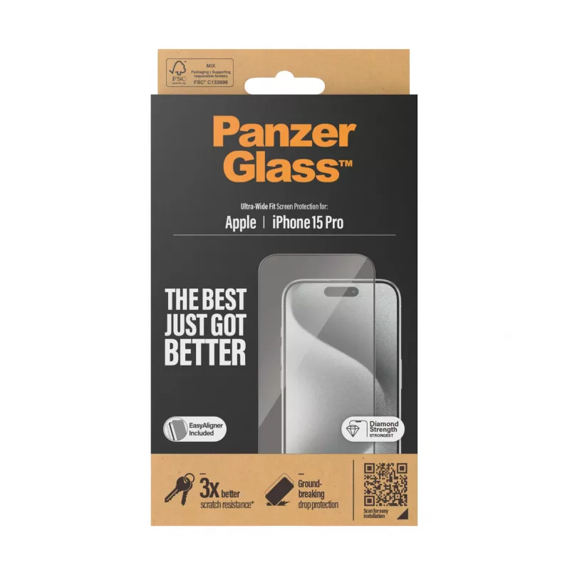 PanzerGlass ® Película de proteção de ecrã iPhone 15 Pro | Ultra-Wide Fit com EasyAligner