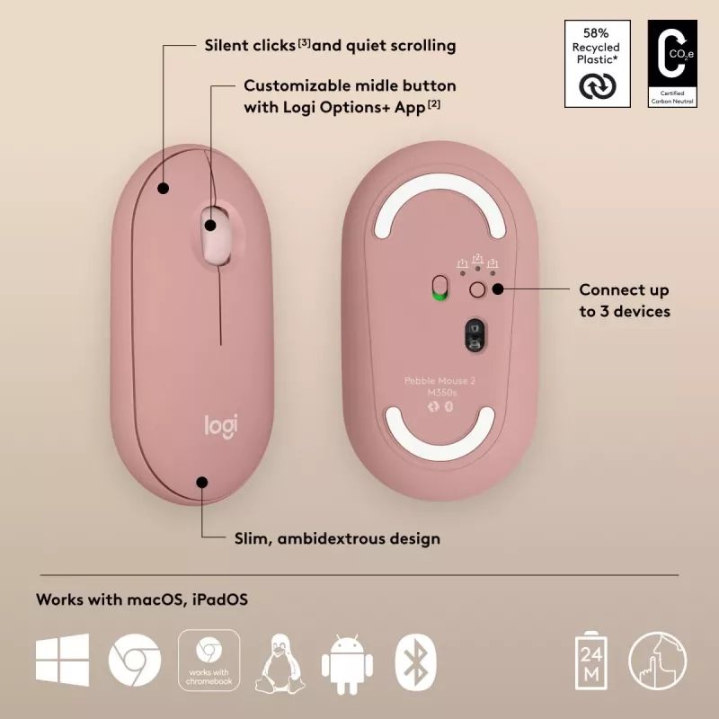 Rato ótico sem fios LOGITECH Pebble 2 M350s rosa
