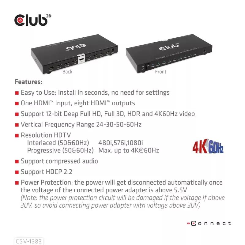 Splitter HDMI CLUB3D 1 para 8 Full 3D e 4K60Hz (600MHz)