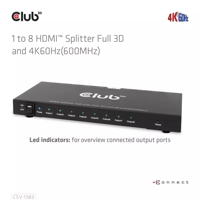 Splitter HDMI CLUB3D 1 para 8 Full 3D e 4K60Hz (600MHz)