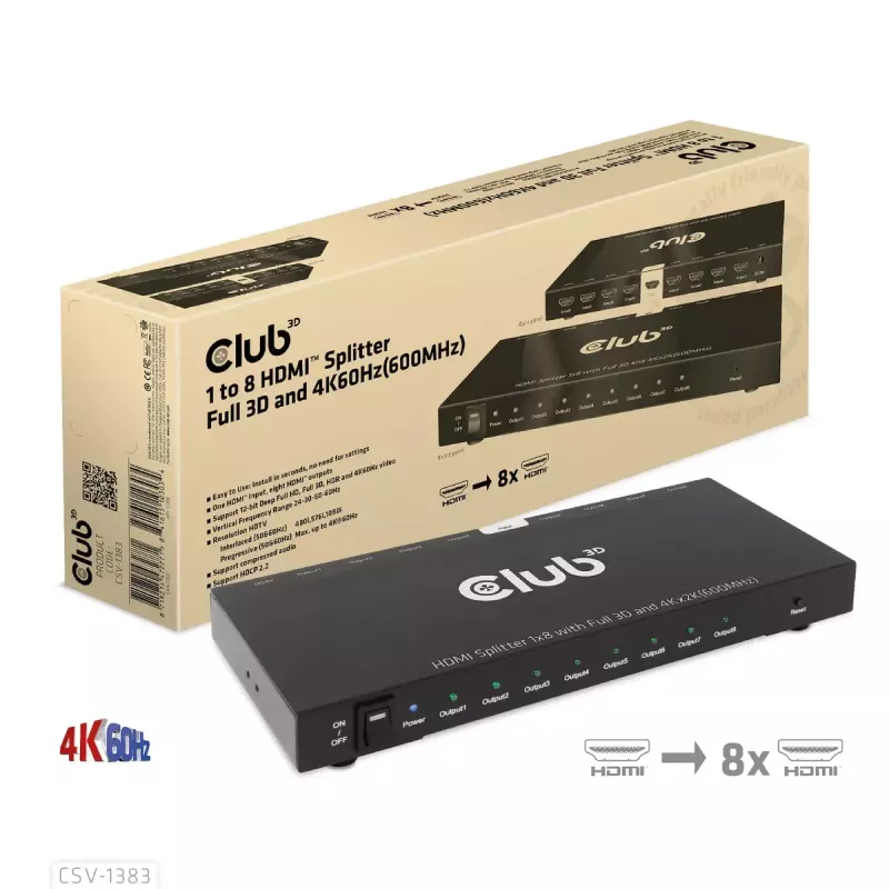 Splitter HDMI CLUB3D 1 para 8 Full 3D e 4K60Hz (600MHz)