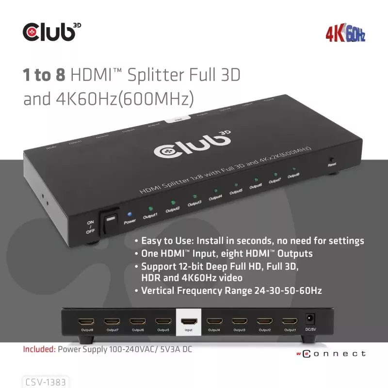 Splitter HDMI CLUB3D 1 para 8 Full 3D e 4K60Hz (600MHz)