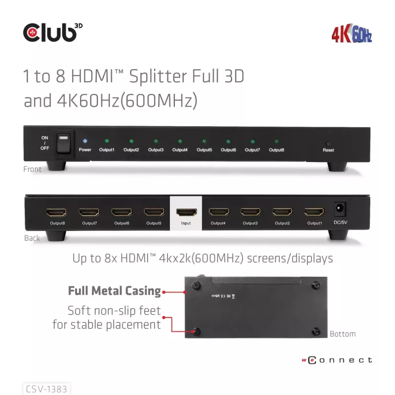 Splitter HDMI CLUB3D 1 para 8 Full 3D e 4K60Hz (600MHz)