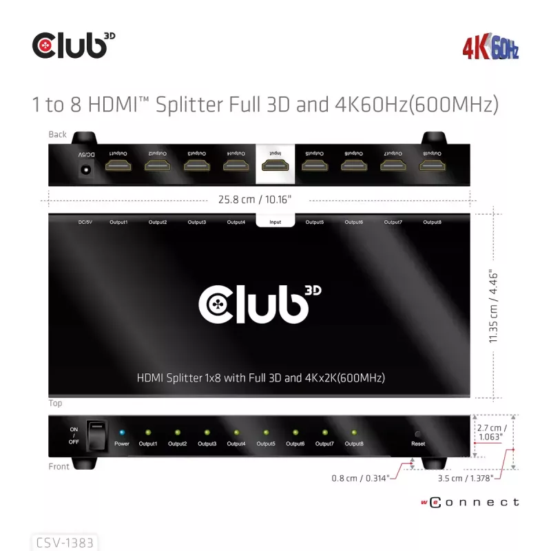 Splitter HDMI CLUB3D 1 para 8 Full 3D e 4K60Hz (600MHz)