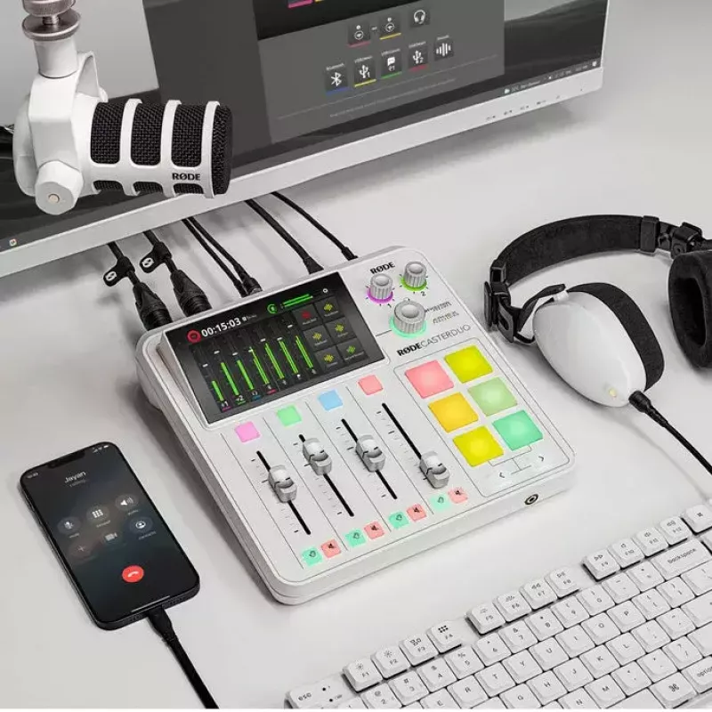 Interface de áudio Rode RodeCaster Duo branco – Consola de podcasting USB de 2 canais com misturador e pré-amplificadores