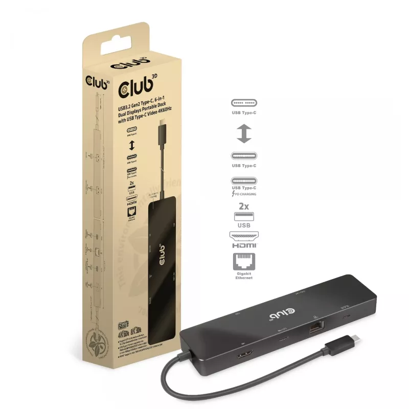 CLUB3D USB3.2 Gen2 Type-C, dock portátil 6-em-1 com duplo ecrã e vídeo USB Type-C 4K60Hz