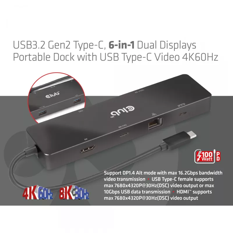 CLUB3D USB3.2 Gen2 Type-C, dock portátil 6-em-1 com duplo ecrã e vídeo USB Type-C 4K60Hz