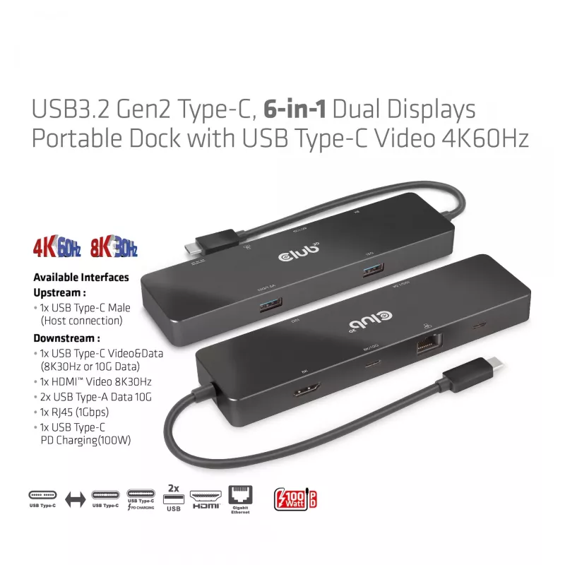 CLUB3D USB3.2 Gen2 Type-C, dock portátil 6-em-1 com duplo ecrã e vídeo USB Type-C 4K60Hz
