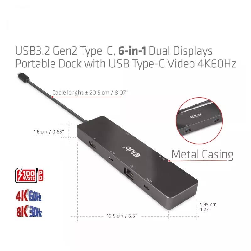 CLUB3D USB3.2 Gen2 Type-C, dock portátil 6-em-1 com duplo ecrã e vídeo USB Type-C 4K60Hz