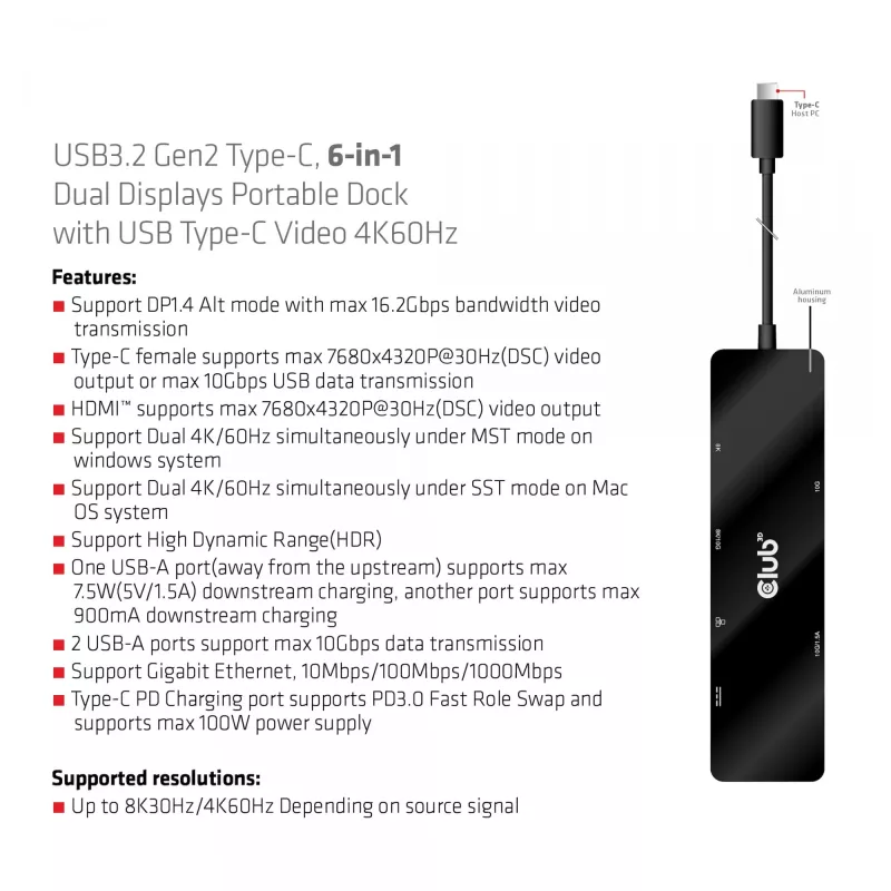 CLUB3D USB3.2 Gen2 Type-C, dock portátil 6-em-1 com duplo ecrã e vídeo USB Type-C 4K60Hz