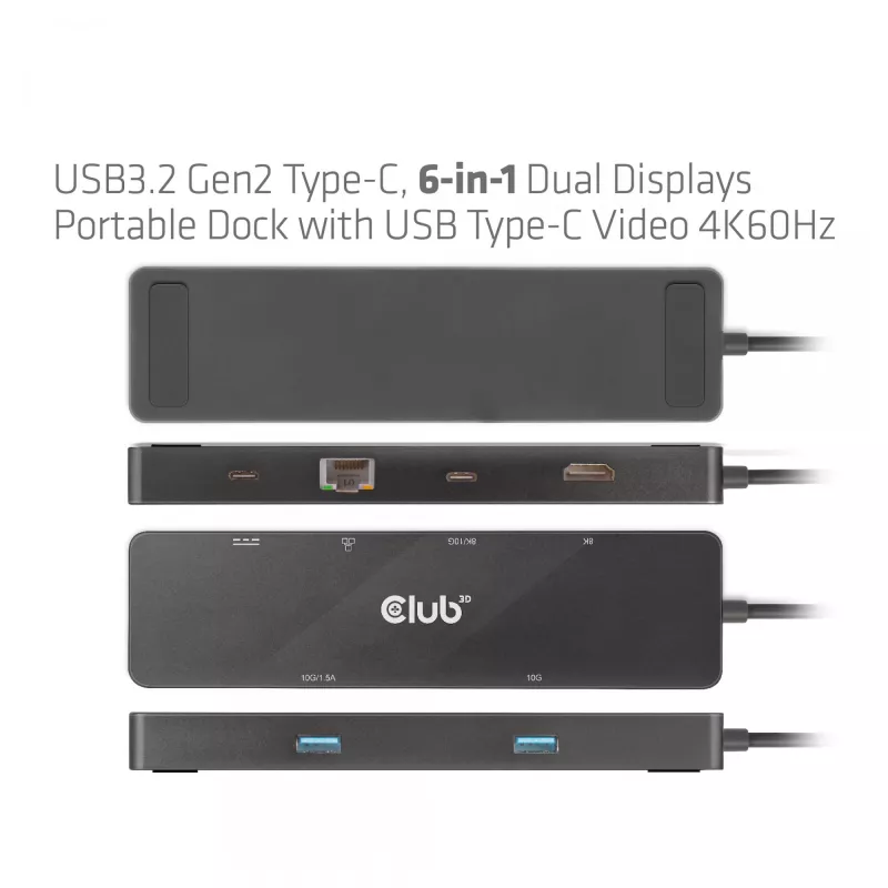 CLUB3D USB3.2 Gen2 Type-C, dock portátil 6-em-1 com duplo ecrã e vídeo USB Type-C 4K60Hz