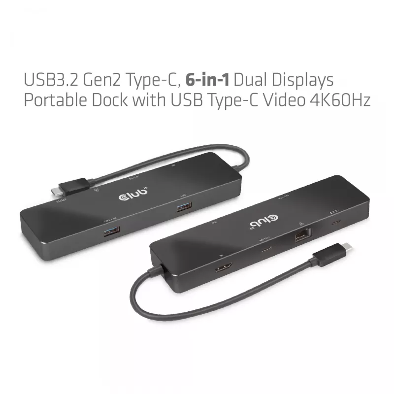 CLUB3D USB3.2 Gen2 Type-C, dock portátil 6-em-1 com duplo ecrã e vídeo USB Type-C 4K60Hz