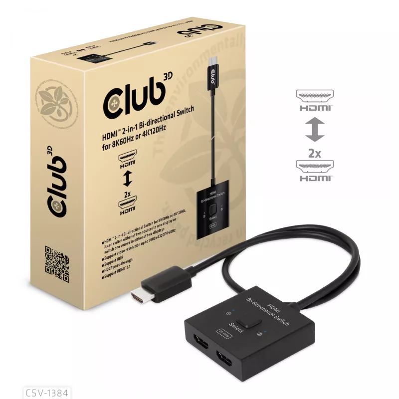 CLUB3D HDMI Switch bidirecional 2-em-1 8K60Hz 4K120Hz CSV-1384