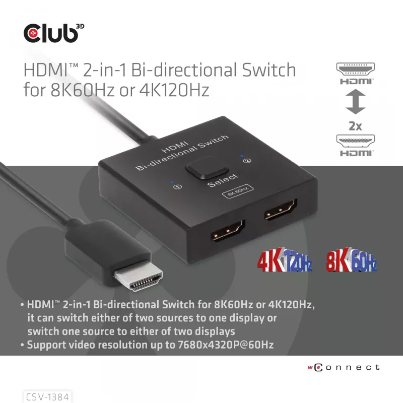 CLUB3D HDMI Switch bidirecional 2-em-1 8K60Hz 4K120Hz CSV-1384