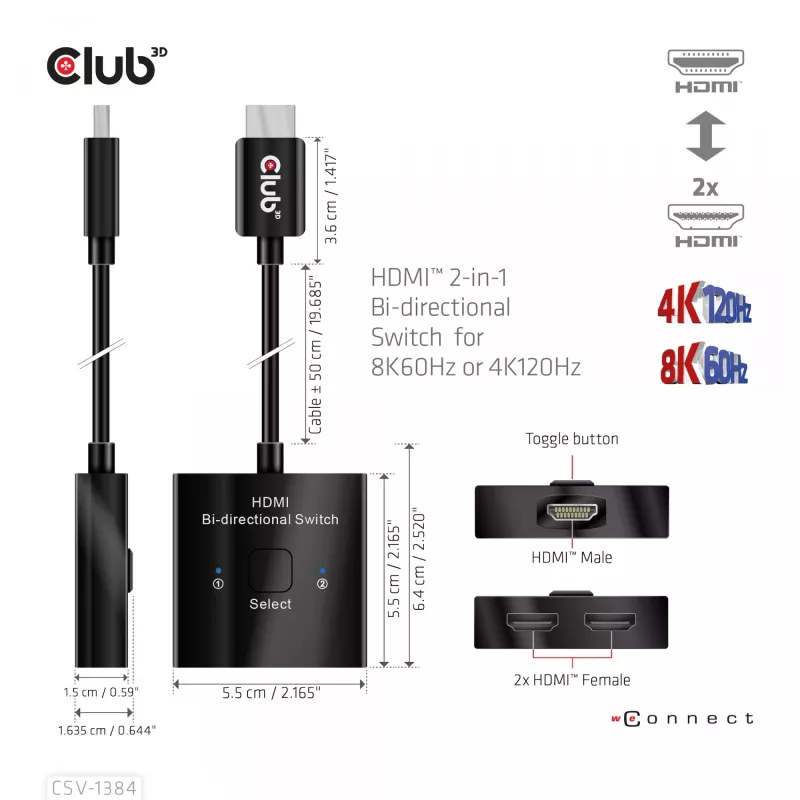 CLUB3D HDMI Switch bidirecional 2-em-1 8K60Hz 4K120Hz CSV-1384