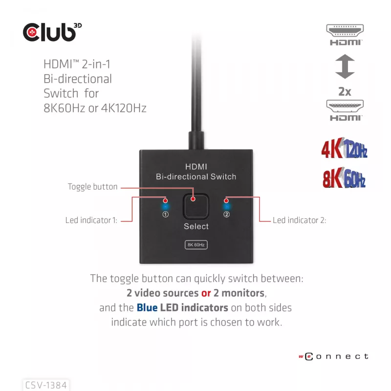 CLUB3D HDMI Switch bidirecional 2-em-1 8K60Hz 4K120Hz CSV-1384