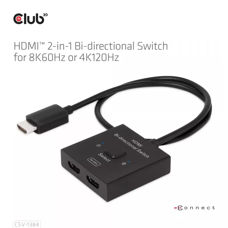 CLUB3D HDMI Switch bidirecional 2-em-1 8K60Hz 4K120Hz CSV-1384
