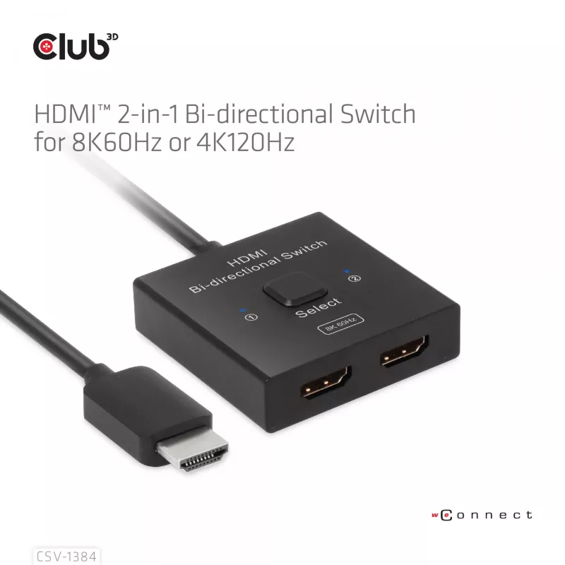 CLUB3D HDMI Switch bidirecional 2-em-1 8K60Hz 4K120Hz CSV-1384